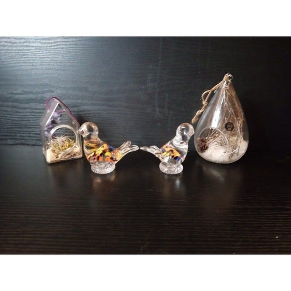 2 Glass Bird Paperweights + 2 Glass Hanging Terrarium LED